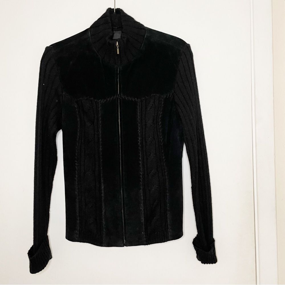 Coldwater Creek Sweater Jacket Black Suede Cable Knit Long Sleeve Womens M